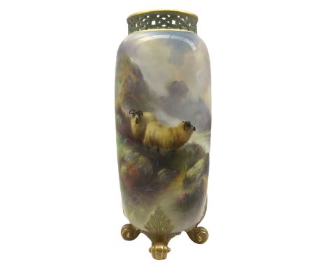 Early 20th century Royal Worcester vase decorated by Harry Davis, the swollen cylindrical body with reticulated rim, hand pai