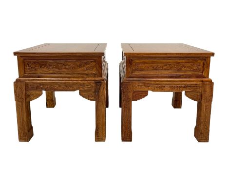 Pair Chinese Imperial style hardwood lamp or side tables, panelled square form, carved with foliate motifs and trailing geome