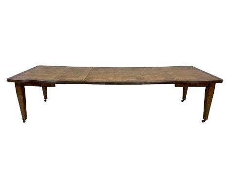 20th century spalted elm telescopic extending dining table, banded and moulded rectangular top with canted corners, four addi
