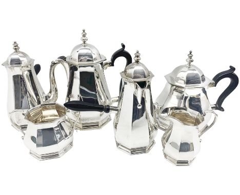 George VI six piece silver tea service comprising teapot, hot water pot, coffee pot, chocolate pot, twin handled sucrier, and