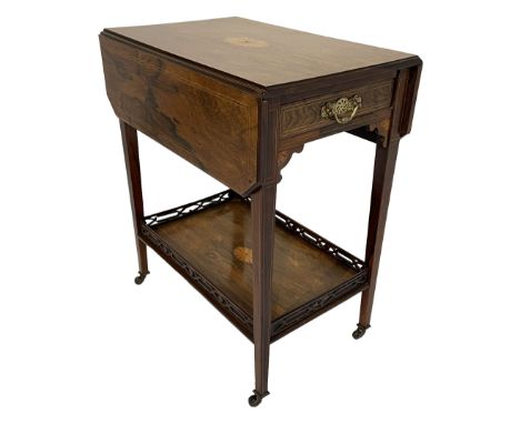 Late Victorian inlaid rosewood trolley, swivelling moulded rectangular drop leaf top over single frieze drawer, the lower tie