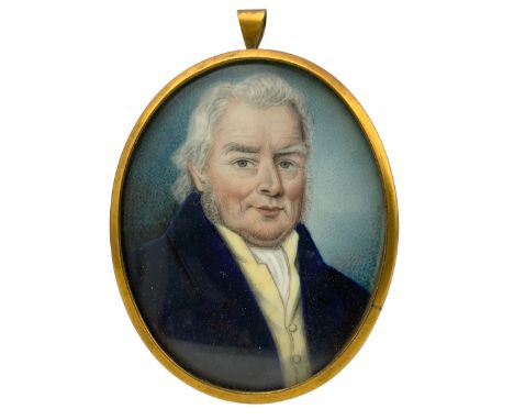 19th century oval miniature portrait, watercolour on ivory of a gentleman wearing a blue coat and yellow waistcoat 7cm x 5cm.
