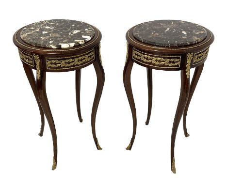 Pair late 20th century French style lamp tables, stained beech with circular variegated marble tops, the frieze panels decora