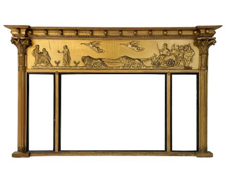 19th century giltwood and gesso overmantel mirror, stepped and moulded globular cornice over frieze decorated in relief with 