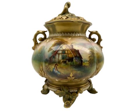 Early 20th century Royal Worcester pot pourri vase and cover by E. Lewis, the compressed quatrelobed body with scroll pierced