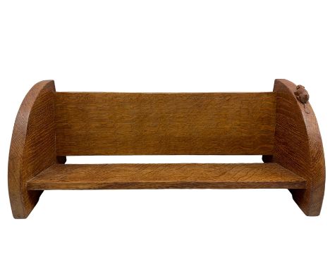 Beaverman - adzed oak book trough, curved end supports, carved with beaver signature, by Colin Almack of Sutton-under-Whitest