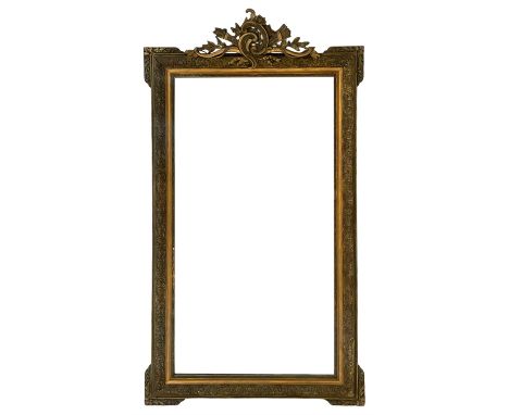 19th century giltwood and gesso wall mirror, the rectangular frame with c-scroll and torch pediment, moulded scrolling flower