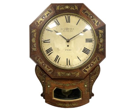 Single Fusee 8-day wall clock in a Mahogany case with a 17� Hexagonal wooden dial surround retailed by the 19th century Schwe
