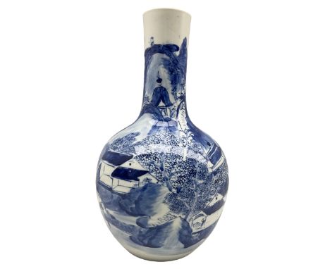 Chinese Qing dynasty blue and white bottle vase painted with a continuous landscape scene depicting boats on a river, a farme