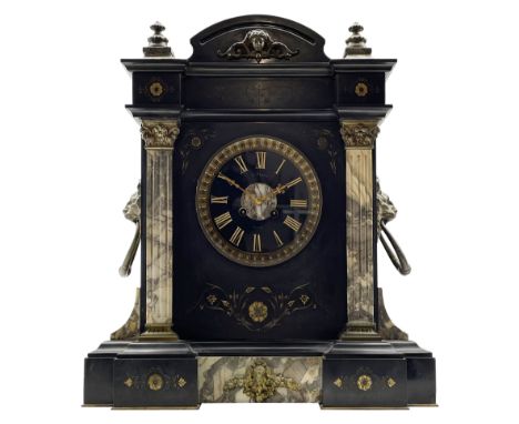 A mid-19th century mantle clock in a Belgium slate case with a French striking movement, breakfront case with a flat top and 
