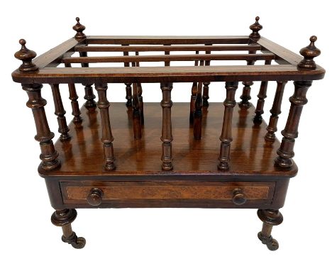 Victorian walnut and amboyna Canterbury or magazine rack, three divisions on turned balustrade supports, fitted with single d