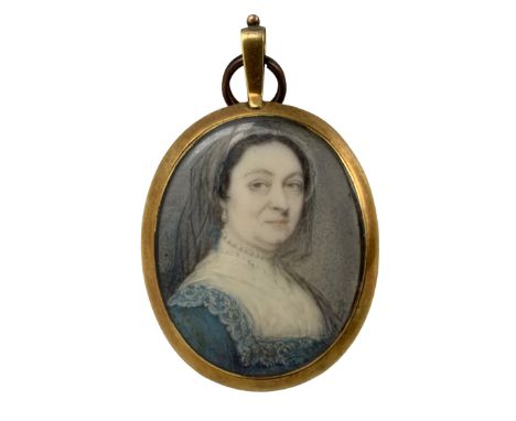 Attributed to Samuel Cotes (1734-1818) - Oval head and shoulders portrait miniature, watercolour on ivory of a lady wearing a
