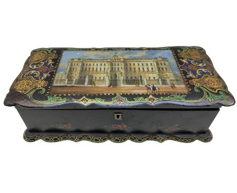 Victorian papier-m�ch� serpentine sewing box, the hinged cover with rectangular coloured and foiled print on glass depicting 