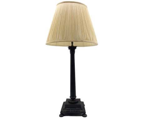 20th century patinated Corinthian column table lamp, slightly tapered reeded column, square stepped base upon bun feet, H56cm