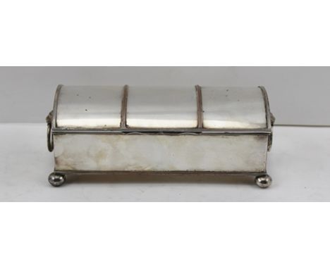 A 19TH CENTURY SILVER PLATE ON COPPER WRITING BOX, the hinged cover reveals two inkwells and lidded compartment, lion ring ma