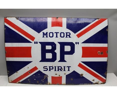 AN EARLY TO MID-20TH CENTURY ENAMEL SIGN "BP MOTOR SPIRIT" on a Union Jack ground, 92cm x 137cm 