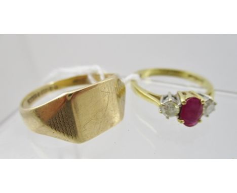 A 9CT GOLD SIGNET RING together with a DIAMOND SET RING (2) 