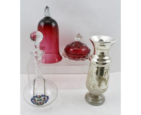 A COLLECTION OF GLASSWARE includes a Cranberry bell form candle cover with clear facet handle, 22cm high, together with a Cra