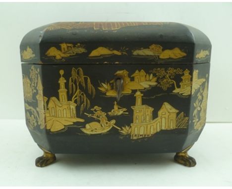 A 19TH CENTURY CHINESE BLACK LACQUERED TEA CADDY with red wash and gilded decoration, depicts landscapes with figures, the hi