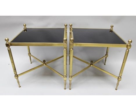 A PAIR OF THIRD QUARTER 20TH CENTURY DISTRESSED BRASS FRAMED SQUARE TOPPED LAMP TABLES, with gloss black insert panels, suppo