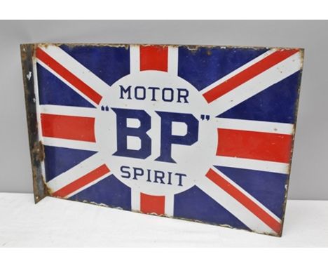 AN EARLY TO MID-20TH CENTURY DOUBLE-SIDED ENAMEL SIGN "BP MOTOR SPIRIT" on a Union Jack ground, 40cm x 61cm 