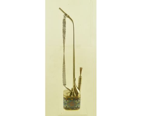 A CHINESE OPIUM PIPE with cloisonne decorated base, with various accoutrements, 41cm high 