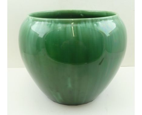 A PILKINGTON, ROYAL LANCASTRIAN GREEN GLAZED CERAMIC JARDINIERE PLANTER, impressed marks to base include ref.no.2375, 24cm hi