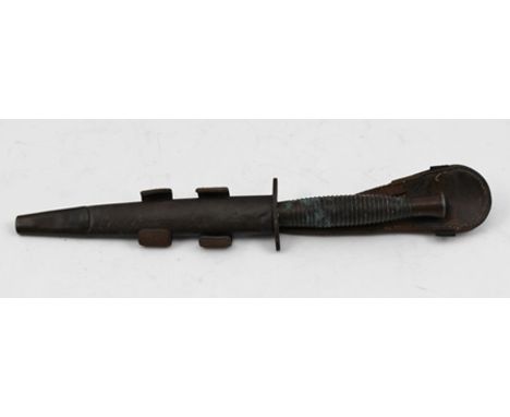 A FAIRBURN SYKES DESIGN WORLD WAR II ERA FIGHTING KNIFE, in leather scabbard with belt loop and tabs, knife 29cm including ha