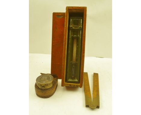 A JOHN RABONE AND SONS OF BIRMINGHAM BOXWOOD 2' FOLDING RULER, together with a Strich Ausseh spirit level boxed and a compass