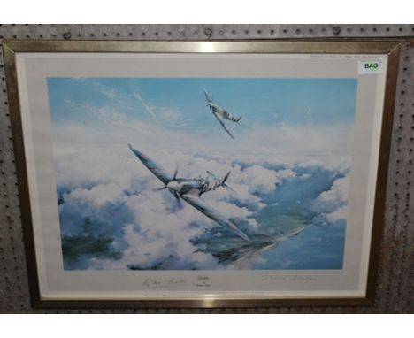 A FIRST EDITION COLOUR PRINT OF SPITFIRES, signed in pencil by Douglas Bader and Johnnie Johnson, in brass effect glazed fram