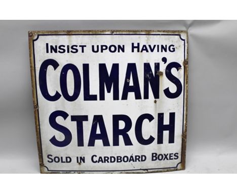A VINTAGE ENAMEL SIGN "INSIST UPON HAVING COLMAN'S STARCH SOLD IN CARDBOARD BOXES" 91cm x 96cm 