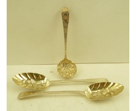 JAMES BEEBE A PAIR OF EARLY VICTORIAN SILVER BERRY SPOONS with gilded bowls, London 1843, together with a GEORGE III SILVER S