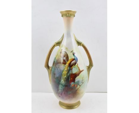 A ROYAL WORCESTER PORCELAIN VASE of two-handled tear drop form, no.2297, hand-painted with peacock decoration, signed by A. S