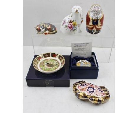 THREE ROYAL CROWN DERBY BONE CHINA PAPERWEIGHTS, Crab, Santa Claus and Catnip Kitten, decorated and gilded in the Imari palet