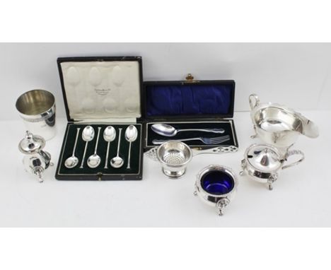 BARKER BROTHERS SILVER LTD. A LATE 20TH CENTURY SILVER GRAVY BOAT of Georgian design, Birmingham assay, a cased set of SIX NA