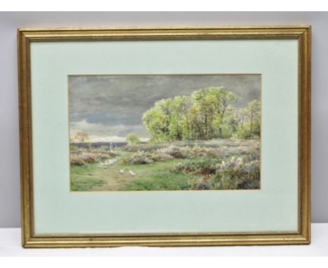 J. AUMONIER "Cookham Dean Common in Spring", Girl tending Geese, stormy sky, Watercolour painting, signed and dated 1874, 22c