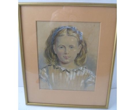 A LATE 19TH CENTURY PORTRAIT of a young girl with blue ribbon in her hair, Watercolour painting, 22.5cm x 19cm, mounted in gi