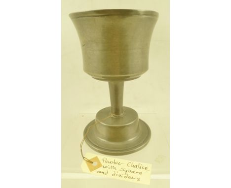 A MASONIC PEWTER GOBLET, the flared bowl stamped with square and compass, raised on stem and platform base, 14cm high 
