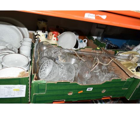 FIVE BOXES OF CERAMICS AND GLASS WARES, to include a fifty one piece Poole Pottery Parkstone dinner service, a boxed Dartingt