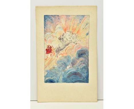 A 20TH CENTURY WATERCOLOUR SKETCH, depicting horses pulling a chariot above clouds, indistinctly initialled bottom right, ink
