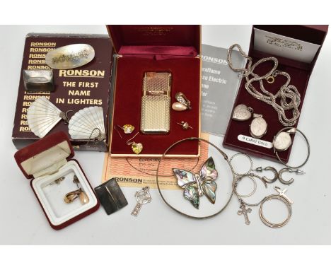 AN ASSORTMENT OF JEWELLERY, a pair of crystal drop earrings fitted with yellow metal fish hook fittings, two yellow metal sin