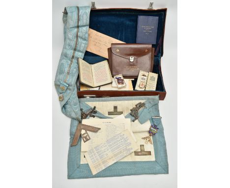 A CASE OF MASONIC REGALIA, to include Ballards lodge sash with silver fittings, hallmarked 'George Kenning &amp; Son' London 