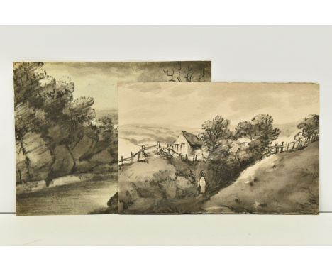 CIRCLE OF DR THOMAS MONRO (1759-1883) TWO UNSIGNED SKETCHES, the first depicts a stream with lake beyond, charcoal on paper, 