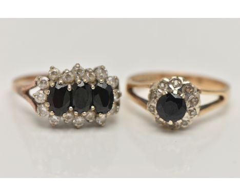 TWO 9CT GOLD SAPPHIRE DRESS RINGS, the first designed as a circular sapphire within a single cut diamond surround to the bifu
