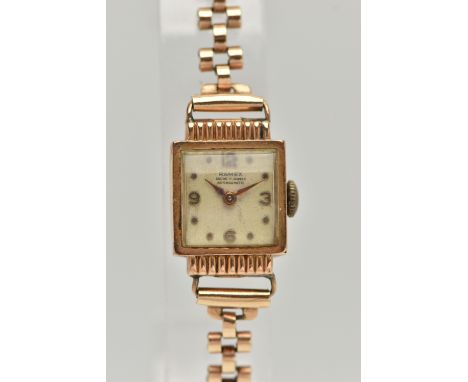 A LADYS 9CT GOLD 'RAMEX' WRISTWATCH, manual wind, square silver dial signed 'Ramex Ancre 17 Jewels, Antimagnetic', Arabic qua