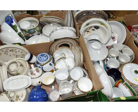 THREE BOXES AND LOOSE OF ASSORTED CERAMICS, including a small quantity of Royal Doulton 'Tapestry' pattern tea wares, a moder