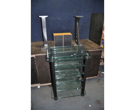 A PAIR OF GALE GOLD MONITOR SPEAKERS, a pair of heavy painted aluminium speaker stands and a heavy black ash and glass hi fi 