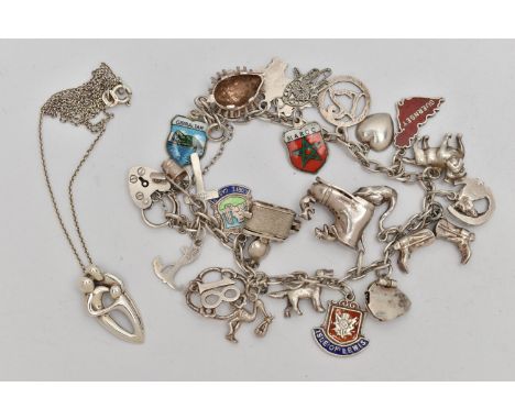 A WHITE METAL CHARM BRACELET AND A PENDANT NECKLACE, the curb link bracelet, fitted with a heart padlock clasp, stamped 'Silv