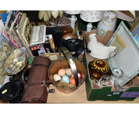 TWO BOXES AND LOOSE LAMPS, CAMERAS AND SUNDRY ITEMS, to include five modern table lamps with shades, a set of cast iron scale