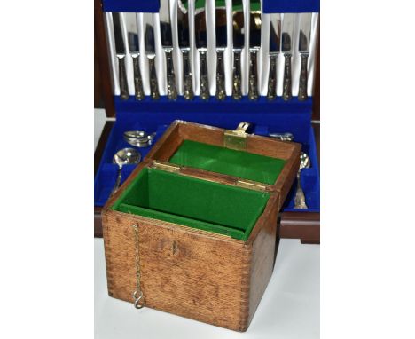 A WOODEN CANTEEN OF CUTLERY, stainless steel, made by Grenadier Silversmiths Sheffield, together with a racing pigeon clock b